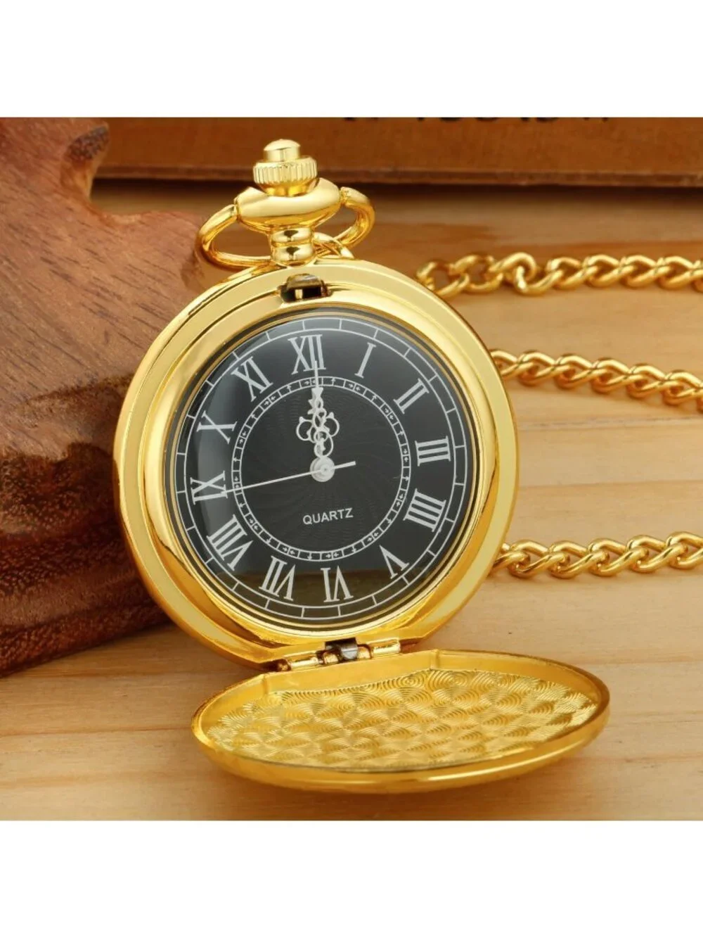 Men's All Gold Analog Quartz Flower Arabic Numerals Movement Chain Pocket Watch